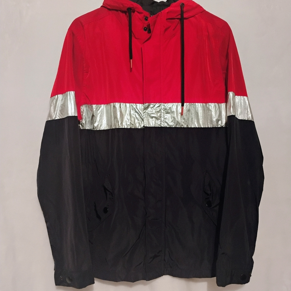 Forever 21 Men Hooded Windbreaker Jacket Full Zip Snap Pockets Bold Stripe Sm C